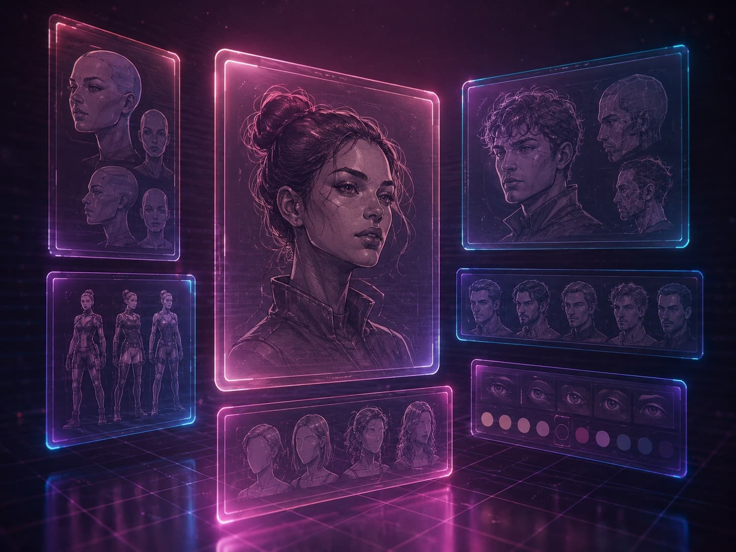 A character customization screen with multiple hairstyle and outfit options, futuristic avatar builder UI.