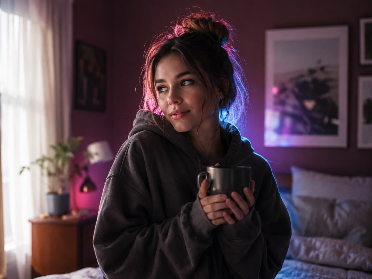 A cozy bedroom chat interface with a smiling AI girlfriend avatar, soft warm lighting, mobile-first UI.