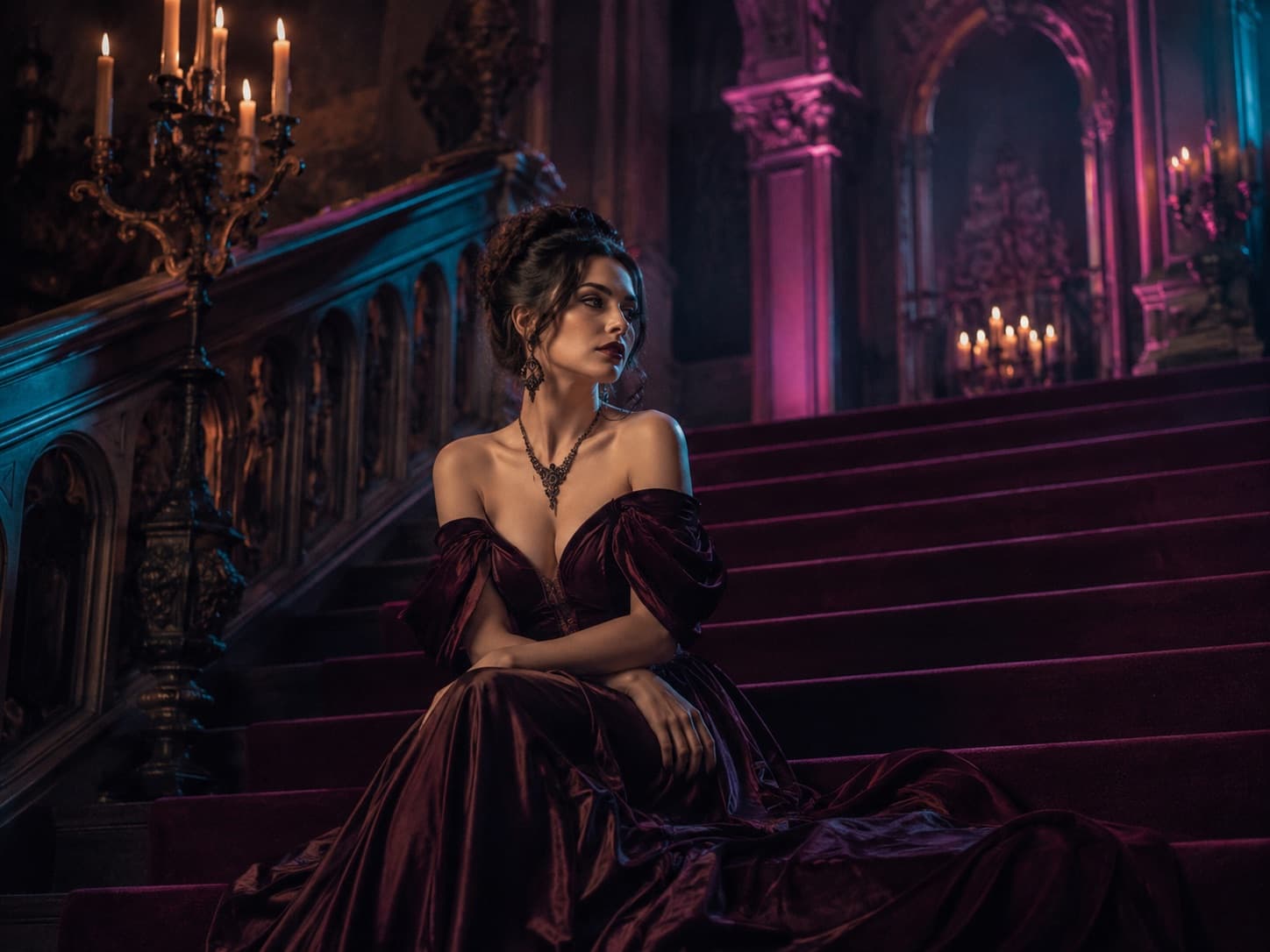 A gothic mansion interior with a mysterious elegant AI woman, candlelight, dark fantasy romance atmosphere.