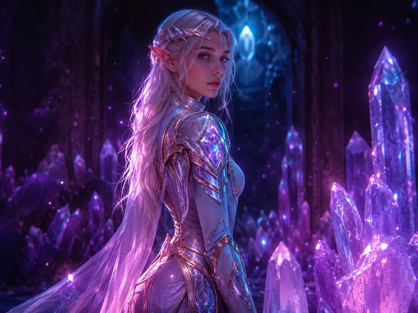 A vault of character cards showing fantasy AI companions in a glowing collectible game UI.